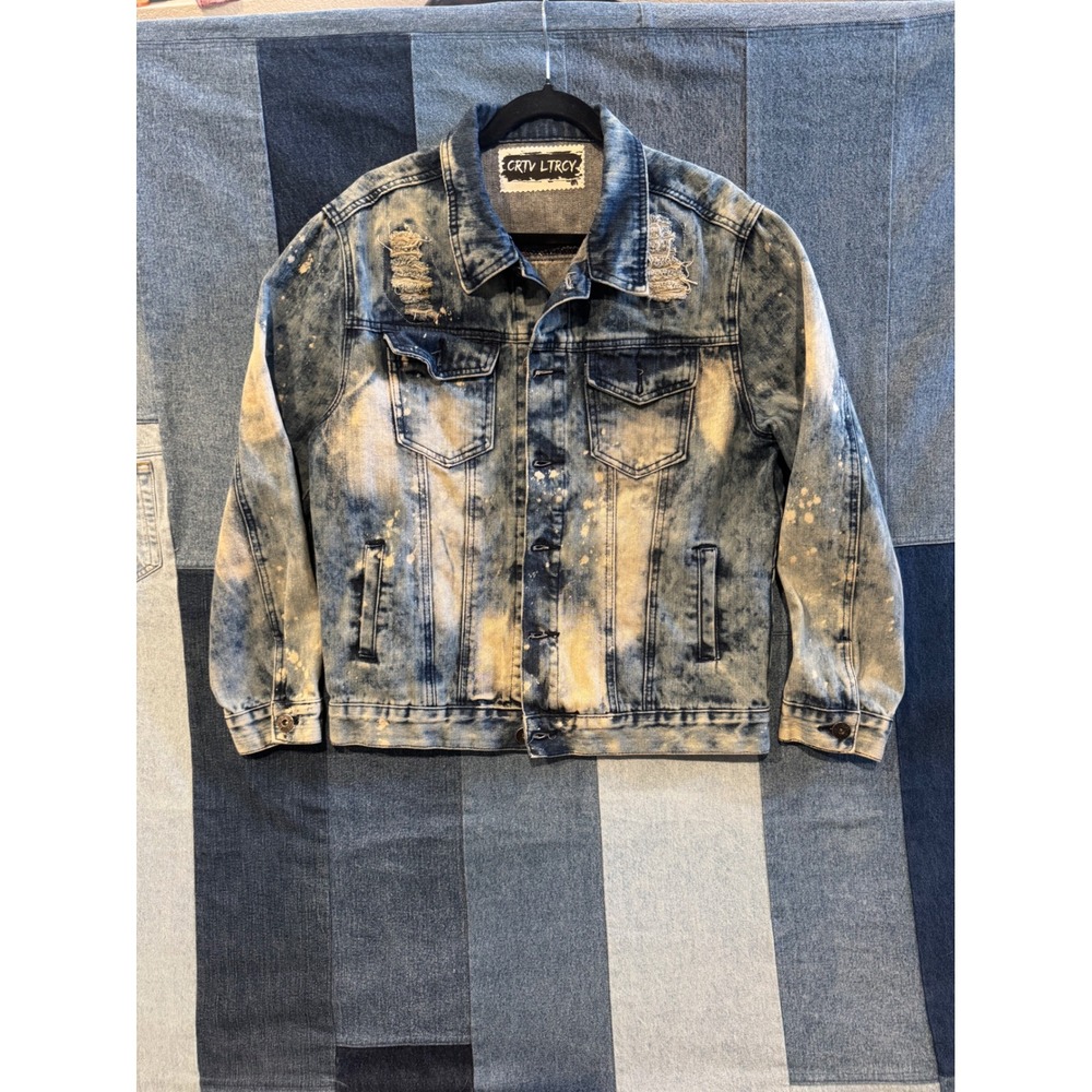 CRTV LTRCY Biggie Smalls Upcycled Distressed Denim Jacket Mens Medium Acid Wash - Picture 2 of 4